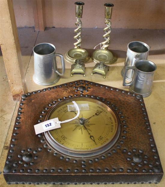 Pair of brass candlesticks, brass chamberstick, 3 pewter tankards & barometer(-)